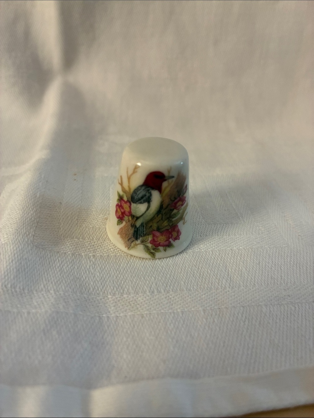 Vintage Red-Headed Woodpecker Porcelain Bird Thimble White with Bird Design